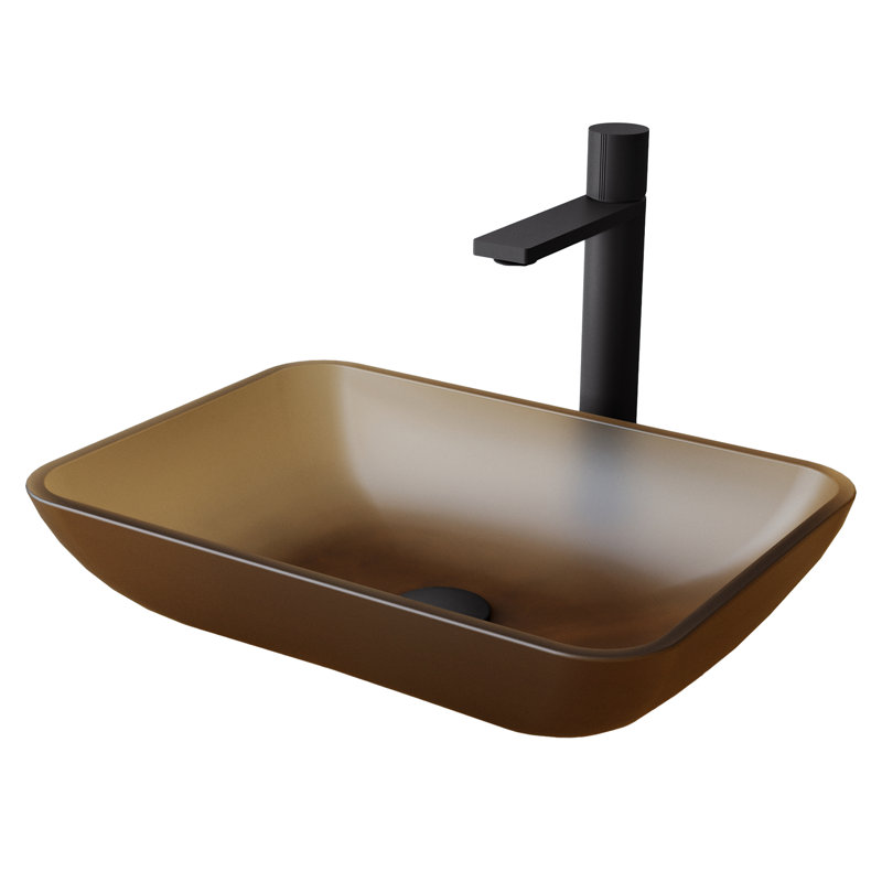 Sottile 18" L x 13" W x 4" H Rectangular Glass Vessel Bathroom Sink with 12" H Faucet, Amber, Matte Black