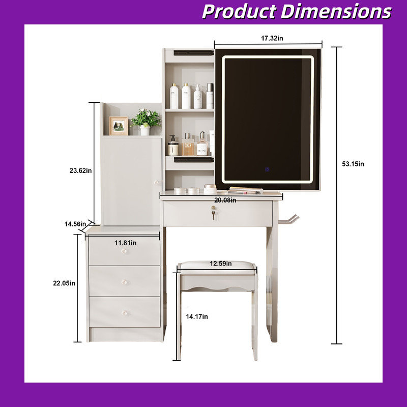 Vanity Desk Set With Led Lighting Mirror 4 Drawers Storage Spaces Cushioned Stool Mdf Makeup Dressing Table