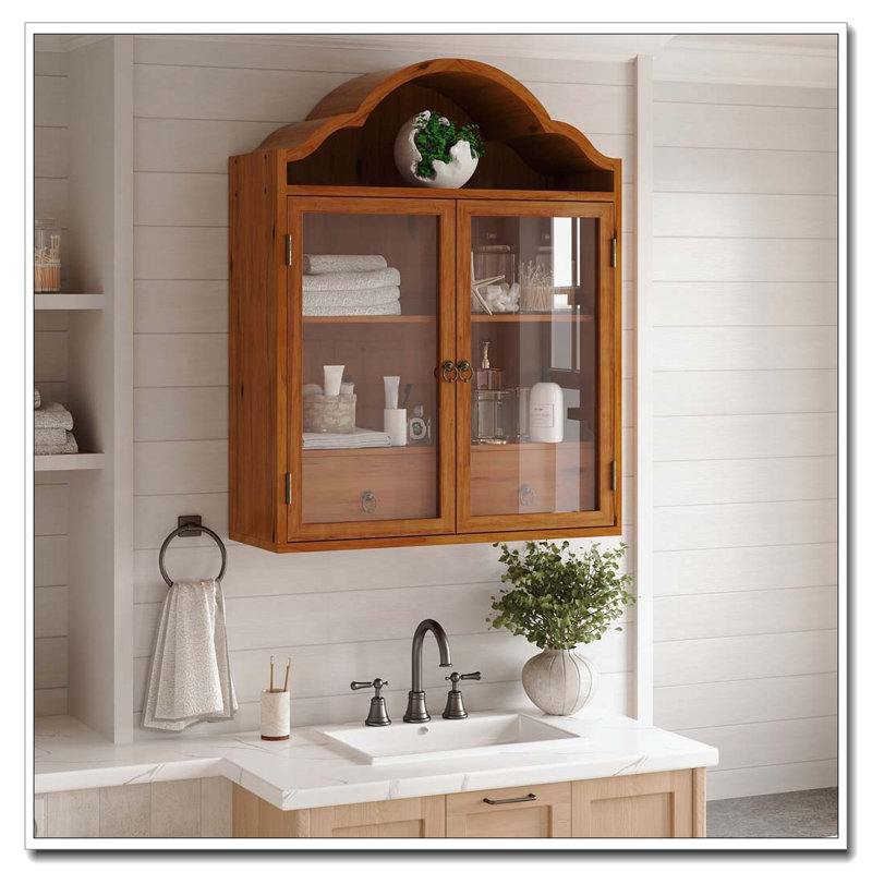 Solid Wood Wall Cabinet with Elegant Wave, Brown