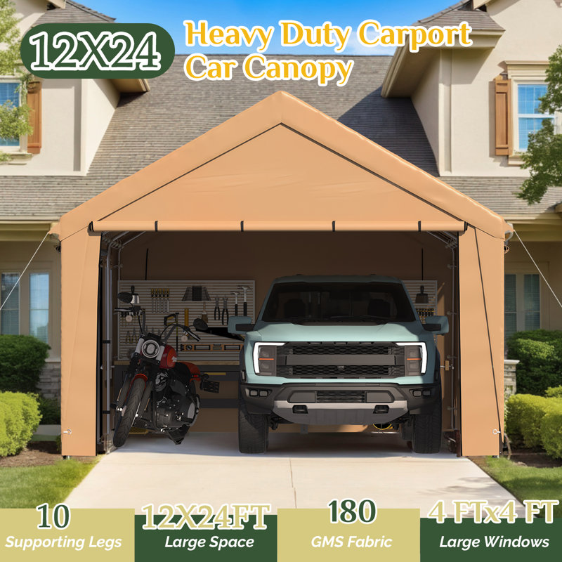 12' X 24' Heavy Duty Carport With Roll-Up Windows & Removable Sidewalls -  All-Season Shelter For Vehicles, Yellow, Yellow