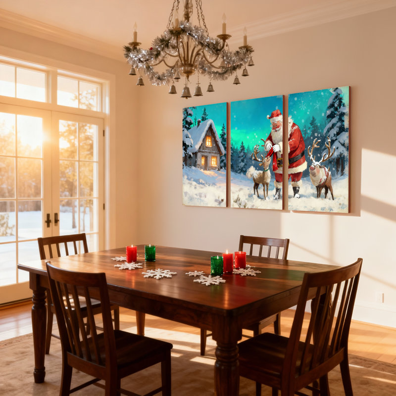 Père Noël de Noël avec renne dans un paysage enneigé, ensemble de 3 impressions sur toile, H 30 po x l 60 po