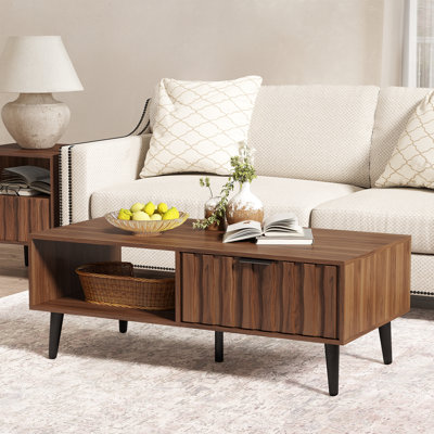 Caya 47.2" Coffee Table with 2 Fluted Drawers and Solid Wood Legs
