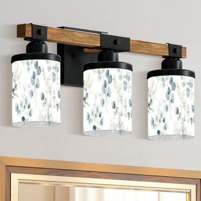 3-Light Bathroom Light Fixtures Seamless Watercolor Floral Green Leaves Branches Composition White for Farmhouse Wood Vanity Lights Over Mirror Wall Lamp with Glass Shade Wall Sconces for Living Room