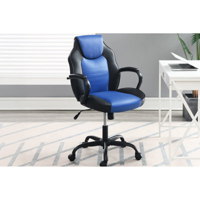 Chaise de bureau de jeu avec siège rembourré confortable, similicuir noir et bleu, cinq roulettes et hauteur réglable pour un travail de couleur moderne,