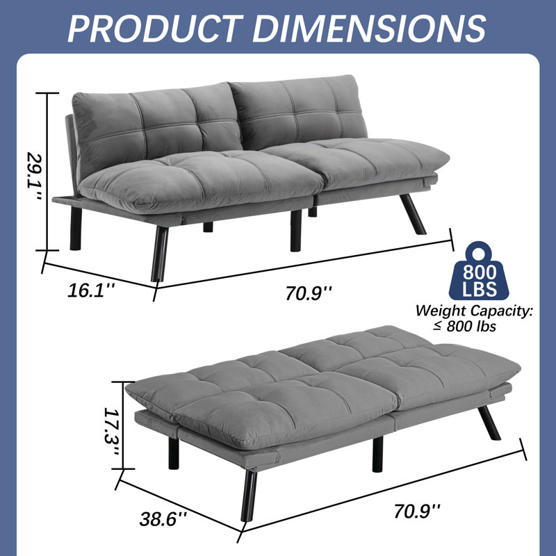 Merrium Twin 70.9'' Velvet Convertible Sofa, Light Gray Velvet
