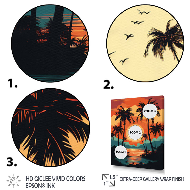 Soleil couchant sur des palmiers, illustration rétro sur toile, H 20 po x l 12 po x P 1 po, Toile tendue