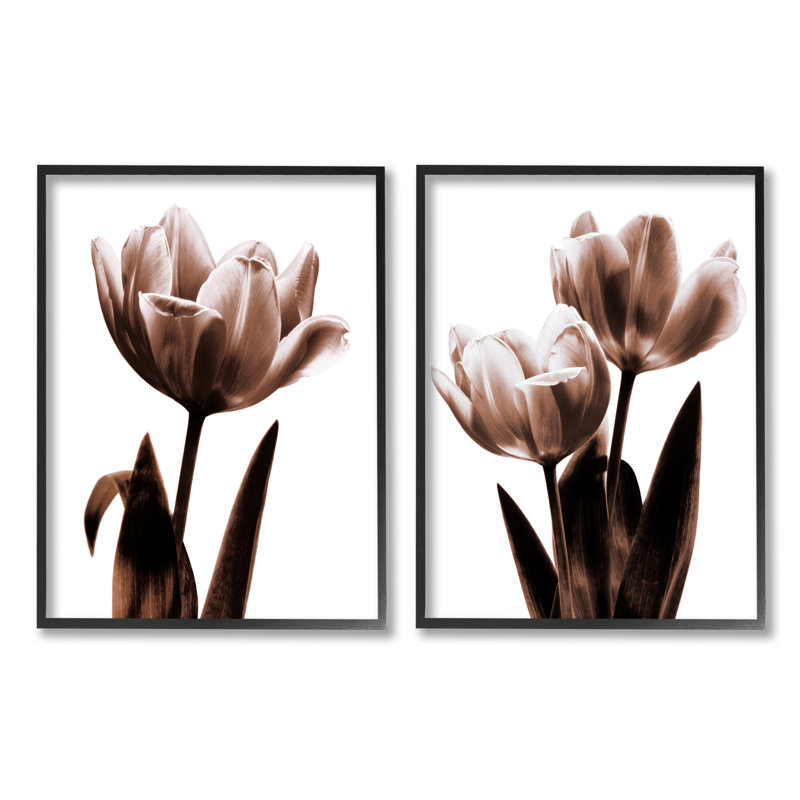 "Modern Tulip Silhouettes" 2 pièces par Caroline Kelly, H 14 po x l 22 po x P 1,5 po, Giclée encadrée noir minuit
