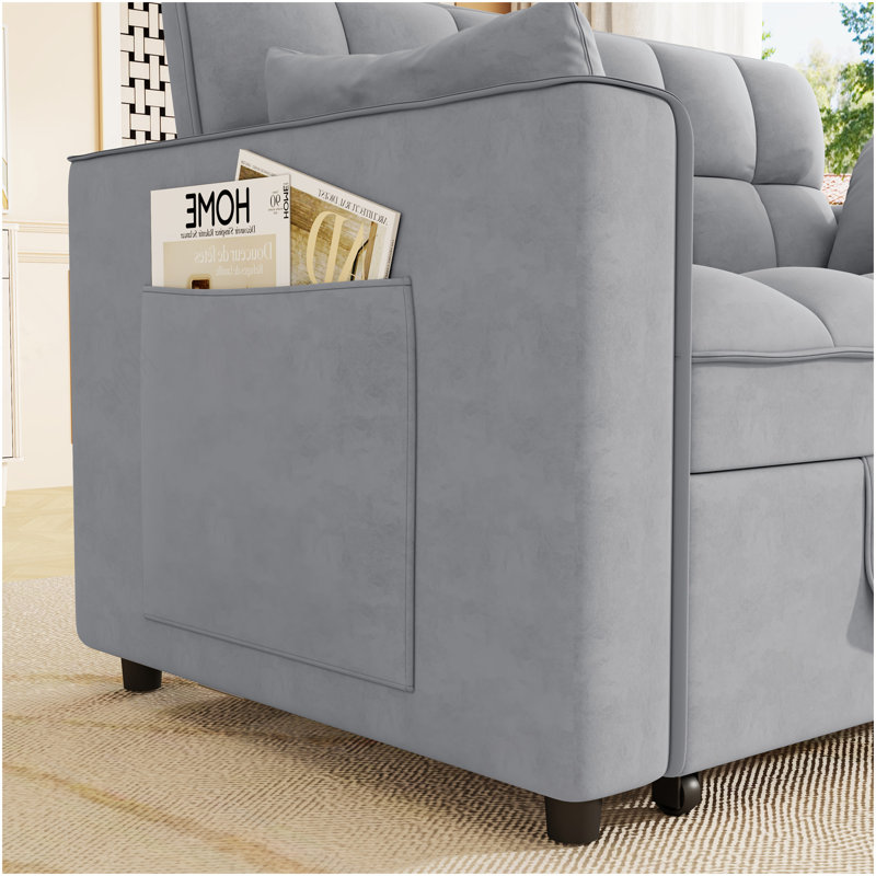 Sleeper Sofa Couch W/Pull Out Bed, Modern Velvet Convertible Sleeper Sofa Bed, Small Love Seat Sofa Bed W/Pillows & Side Pockets For Small Space, Living Room, Apartment,Gray