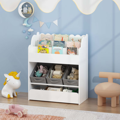 Bibliothèque pour enfants avec bacs de rangement et tiroir, organisateur de livres multifonctionnel en bois pour tout-petits, bibliothèque blanche pour jouets, livres et chambre de bébé
