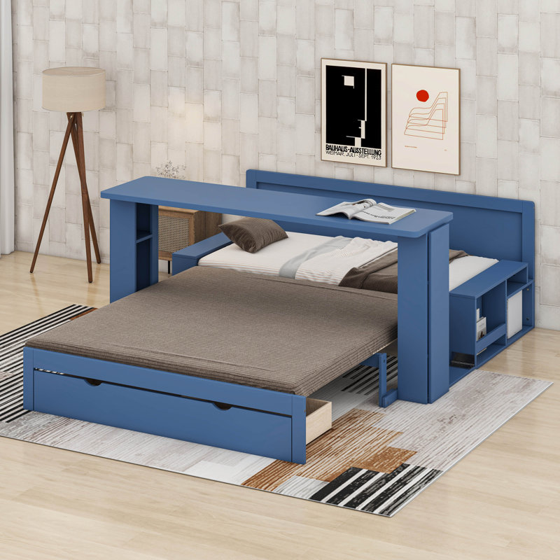 Lit de jour avec tiroirs de rangement, base de lit d'angle avec bureau amovible et table d'appoint hydraulique, Grand, Blue