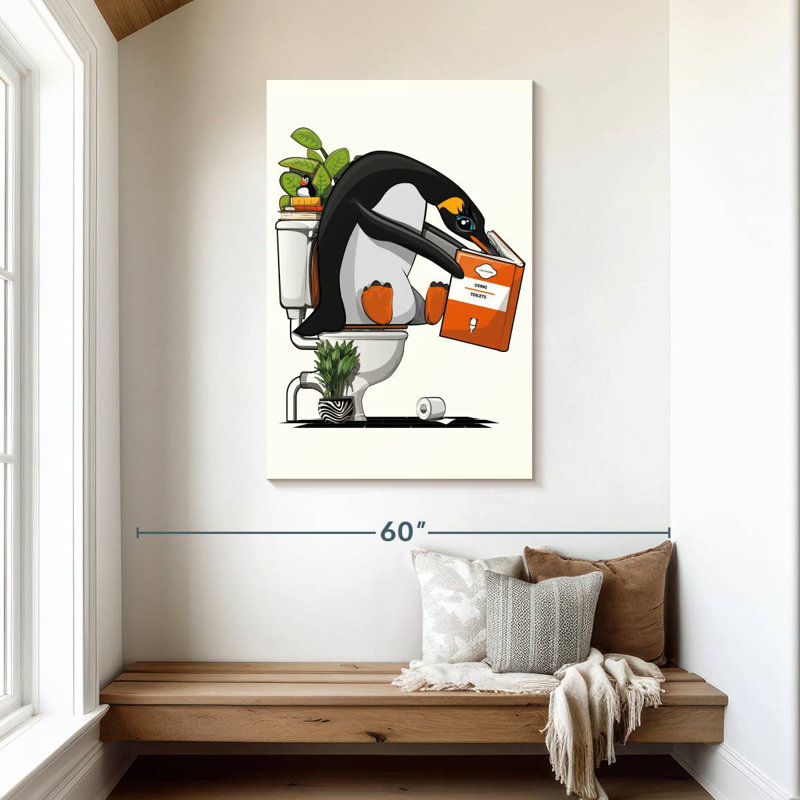 Pingouin sur la toilette lisant un livre, H 45 po x l 30 po