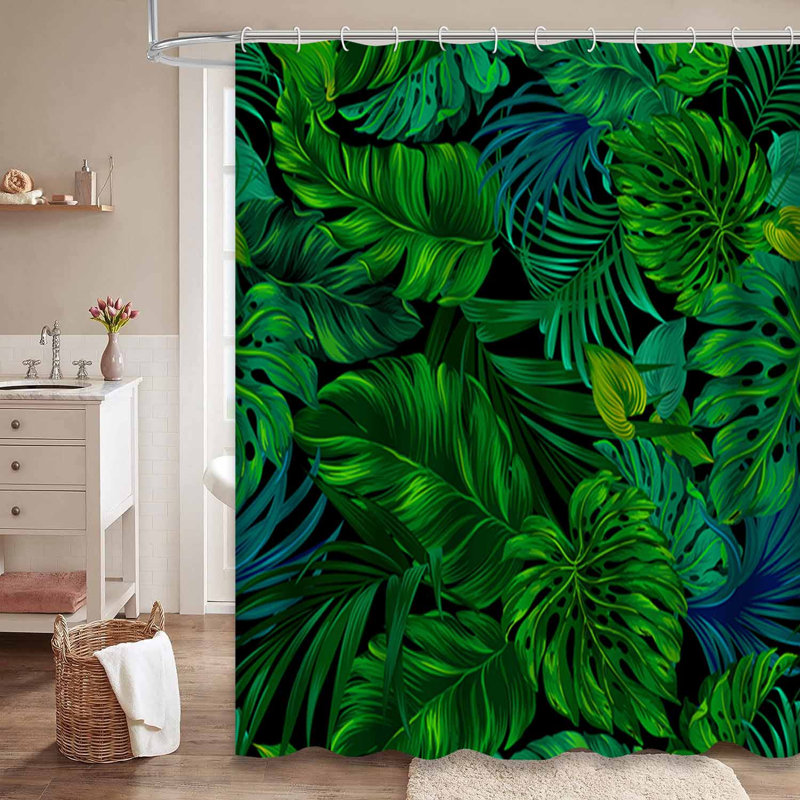 Rideau de douche imperméable à motif feuille de palmier vert foncé avec 12 crochets, L 72 po x l 72 po