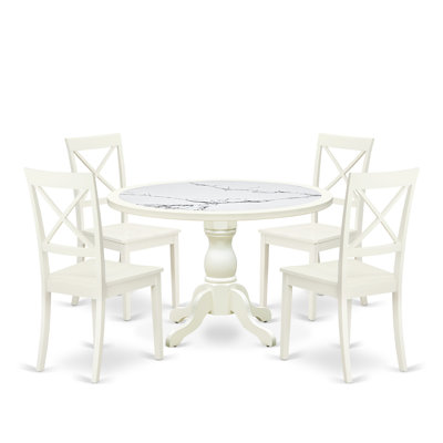 5-Pc Modern Dining Set Include a Dining Table with Veined Marble Pattern Tabletop and 4 Linen white Faux Leather Chairs, Linen white