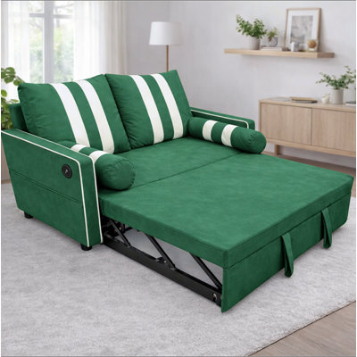 2-Seater Pull-Out Sofa Bed, Convertible Sleeper Sofa with USB Charging Port on Armrest, Elastic Side Storage Pocket,Space-Saving Design for Living Room or Apartment
