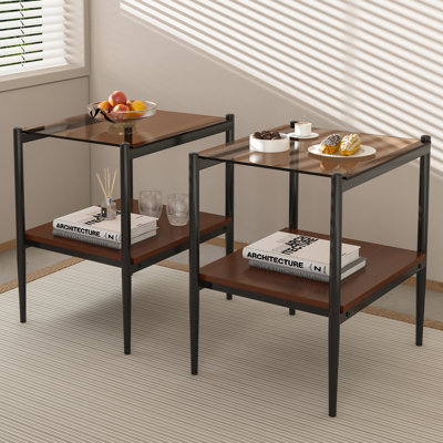 Ensemble de 2 tables de bout rectangulaires, plateau de table en verre trempé avec panneau de fibres à densité moyenne, table de salon moderne, verre