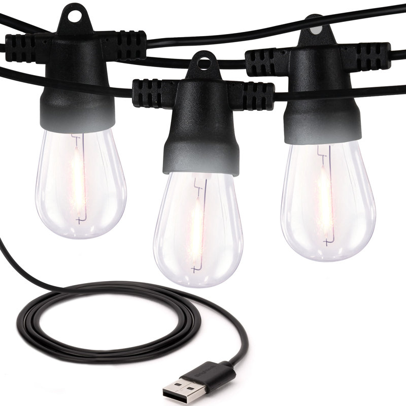 Guirlande de lumières DEL d'extérieur alimentées par USB de 24,5 pi avec 10 ampoules Edison S14 blanc doux, résistantes aux intempéries et incassables Ambience Pro