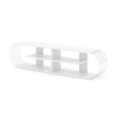 Meuble télé 68 po style moderne Mid-Century, 4 tablettes de rangement ouvertes, blanc / leurre, article de divertissement en bois massif