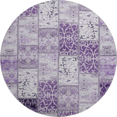 8' Purple And Ivory Patchwork Distressed Washable Round Rug With UV Protection