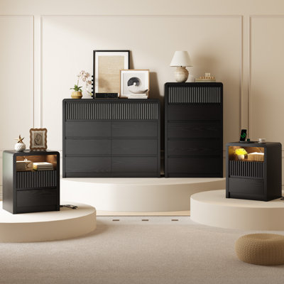 Eton 4 Pieces Wood Bedroom Set,8 drawer Dresser, 5 drawer Tall Chest & 2 Charging Nightstands with LED Lights and Power Outlets, Anti-tipping, Easy Assembly