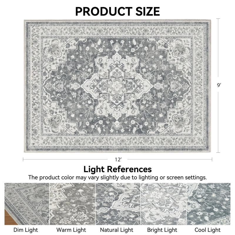 Washable Area Rug, Vintage Floral Low-Pile Rug With Soft & Non-Slip Backing, Reinforced Edges For Living Room, Dining Room & Bedroom