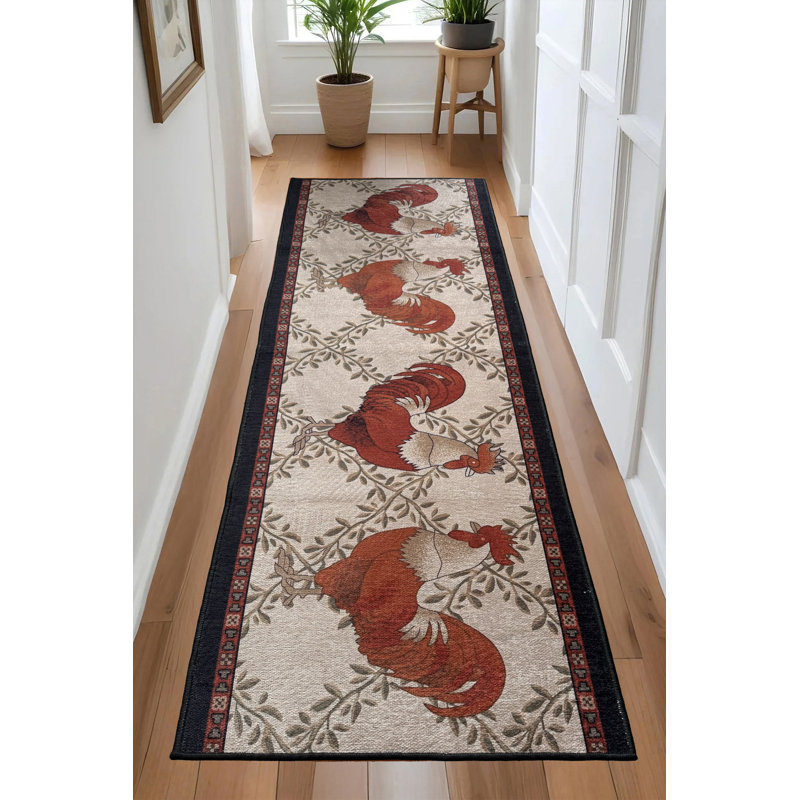 Tapis de couloir antidérapant sur mesure à profil bas beige lavable à la machine avec coq rouge