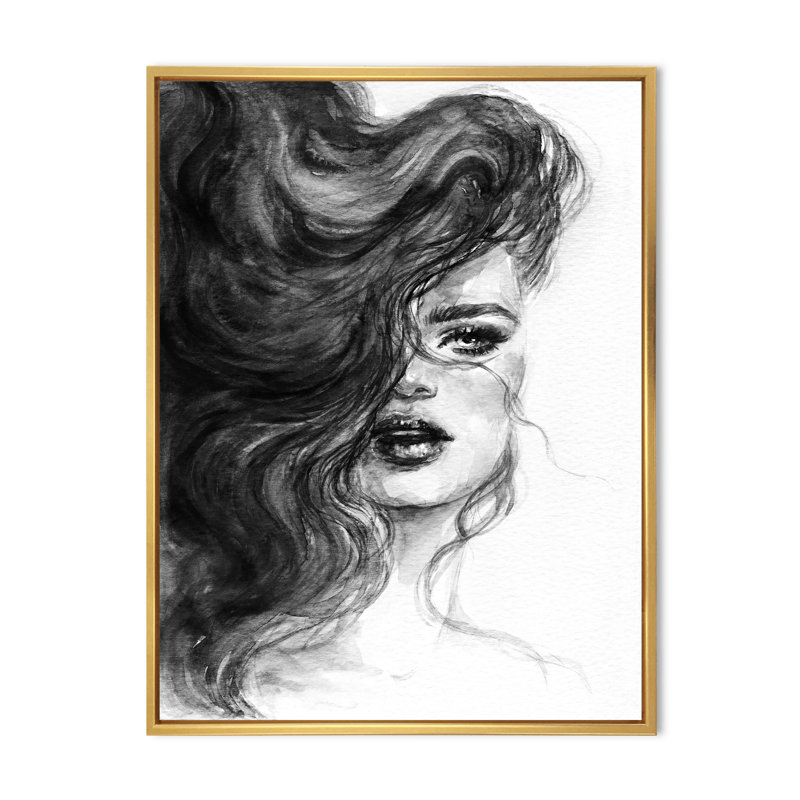 Portrait monochrome d'une femme aux cheveux ondulés - œuvre d'art sur toile Glam, H 44 po x l 34 po x P 1,5 po