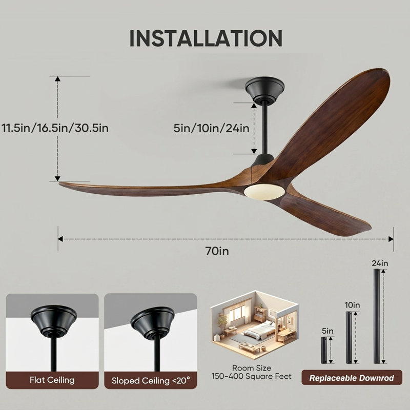 3 - Blade Modern Solid Wood Ceiling Fan With Light And Remote Control, 70", Brown Wood