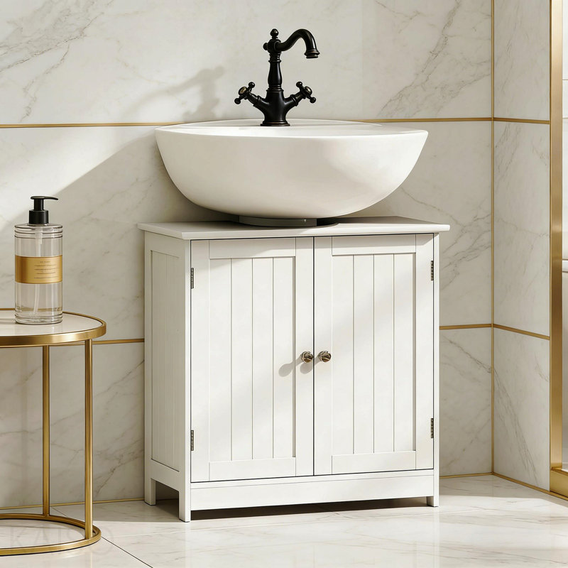 Élégant meuble-lavabo à piédestal et armoire de salle de bain sous le lavabo, Blanc