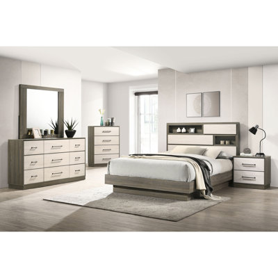 Table de chevet contemporaine pour chambre à coucher avec 2 tiroirs, glissières lisses et finition chêne moderne 2 poignées en nickel antique, design amande