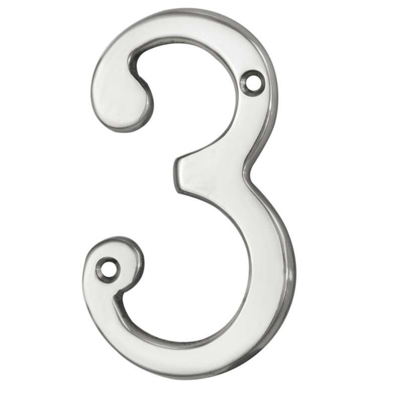 Clapham 7cm H Brass House Number, Polished Chrome, 3
