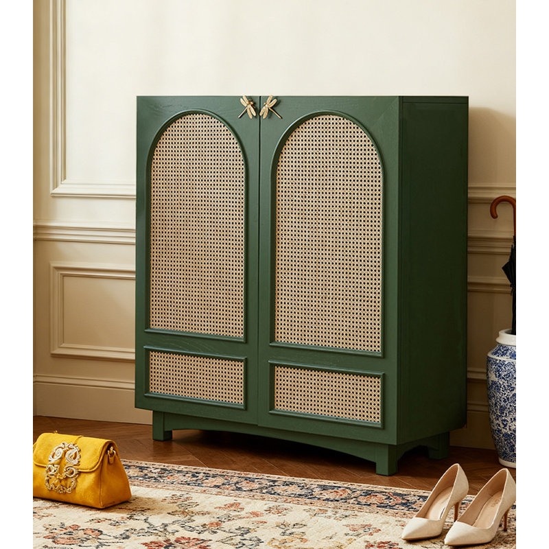 Solid wood adjustable rattan shoe cabinet, Green
