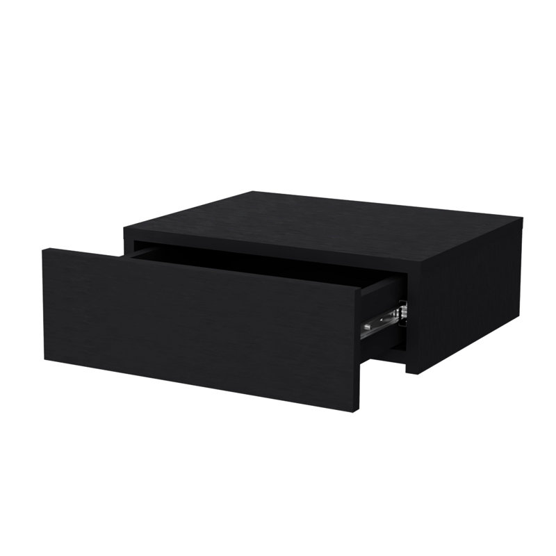 16" Black Wood One Drawer Floating Nightstand, Black
