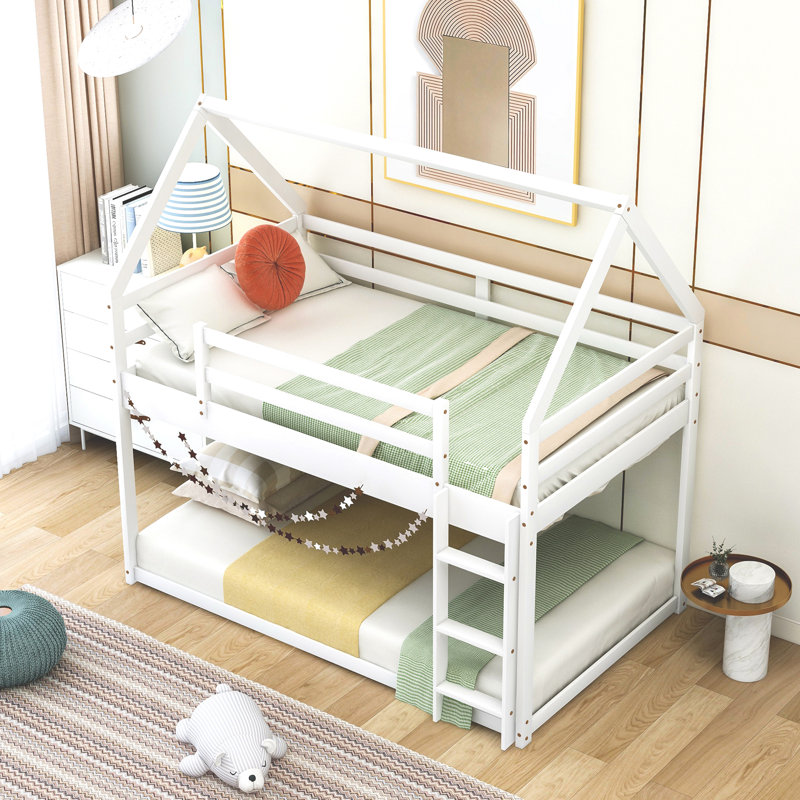 Lit superposé bas, lit maison avec échelle, Blanc