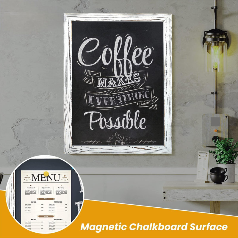Tableau noir magnétique, grand format 18 po x 24 po, cadre en bois rustique, panneau noir, montage mural vertical ou horizontal, avec craie et gomme à effacer (blanc délavé)