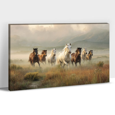 GUTTATY Horse Wall Art, 7 Horses Running Painting Vastu With Frame, Horse Pictures Wall Decor, 7 Running Horses Painting Large Horse Canvas Wall Art for Living Room, Bedroom, Office Framed Ready to Hang 36" × 48"