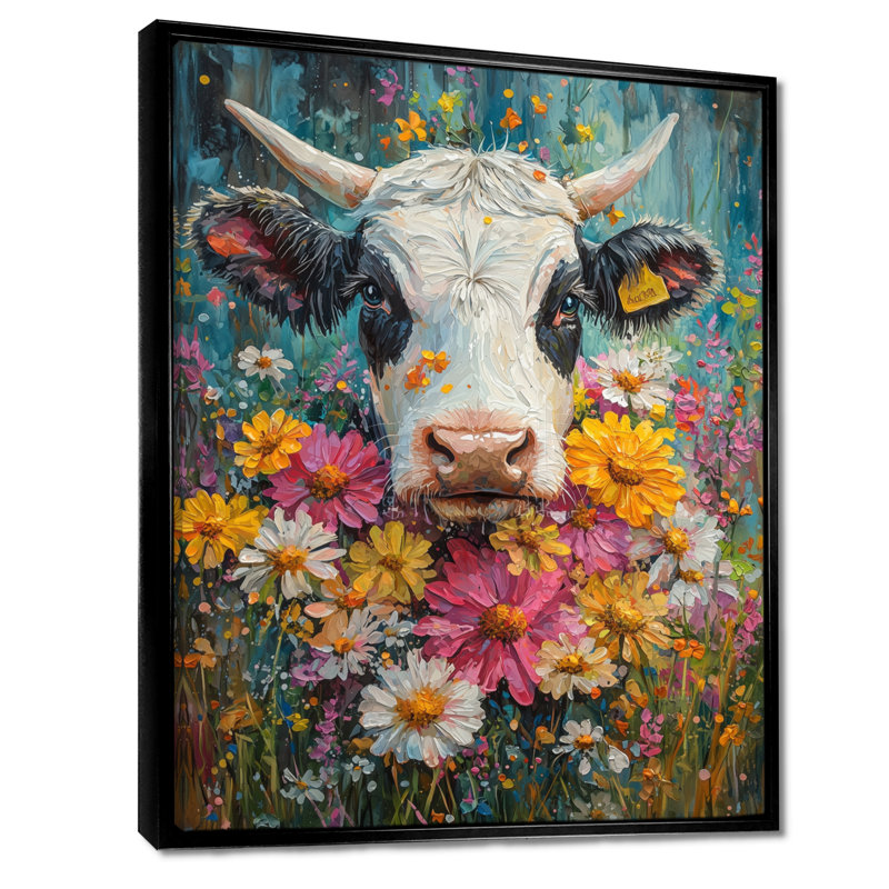 «Downall Cow Daisies With Hibiscus I», art mural grande vache, H 44 po x l 34 po, Reproduction avec cadre flottant, Noir