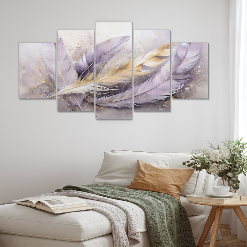 Tavery - Art mural plume boho pour le salon, 5 pièces, H 32 po x l 60 po