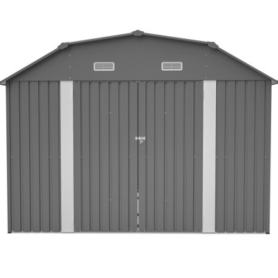 Remise de rangement extérieure grise 10 x 12 pi, rouille à haute résistance, toit incliné, loquet sécuritaire, construction à dissipation de la chaleur, ventilation de porte