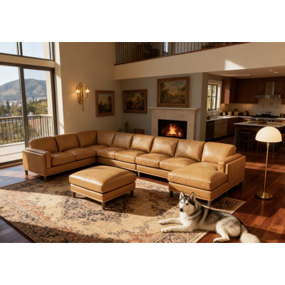 Fowlerville 174" Wide Leather Match Right Hand Facing Corner Sectional with Ottoman by Wade Logan