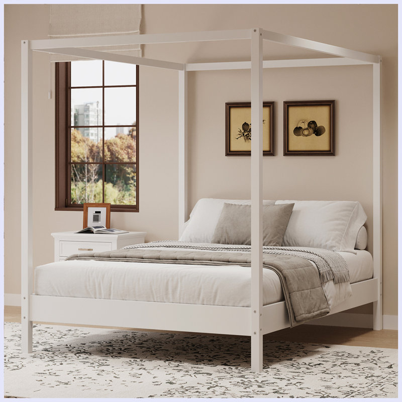 Tristian Solid Wood Platform Bed with Slats Support, White, Queen