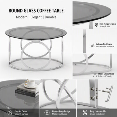 Table basse ronde en verre de 80 cm avec cadre métallique circulaire