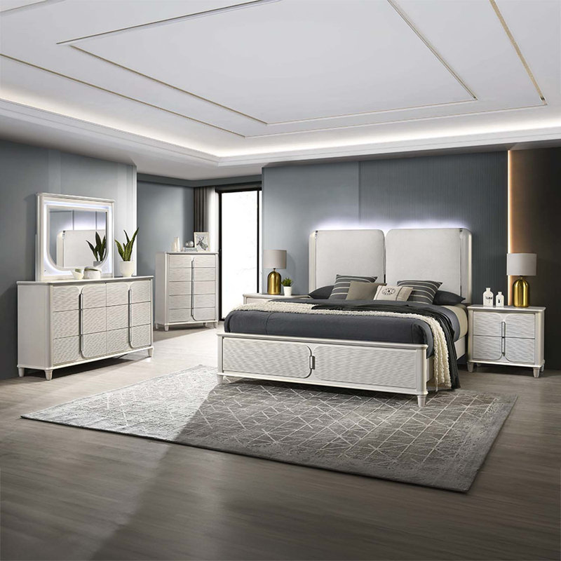 Très grand lit oriental Laveda avec DEL, boucle gris clair et finition blanc perle, Très grand