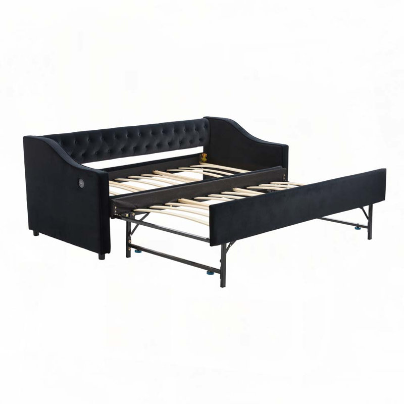 Lit de jour en velours avec couchette, port USB, poches latérales, Noir
