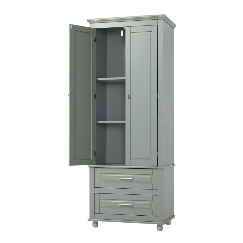 2-Drawer Freestanding Linen Cabinet With Adjustable Shelves, Gray