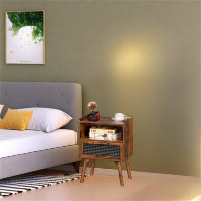 Rattan Nightstand With Drawer & Open Shelf – Boho Chic Side Table With Solid Wood Legs