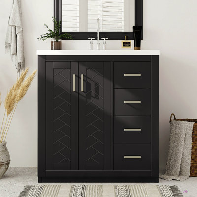 Ensemble de meuble-lavabo 30 po avec lavabo en céramique, armoire de rangement en bois massif, ensemble de meuble-lavabo autoportant avec 3 tiroirs et portes à fermeture douce