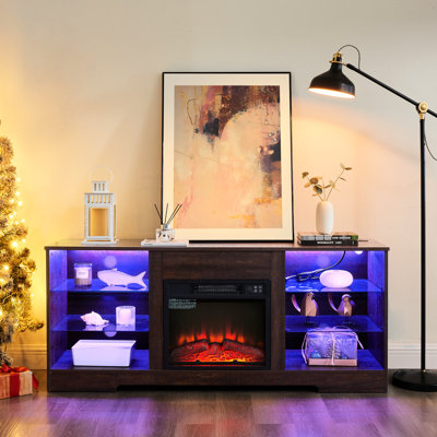 Meuble télé avec foyer électrique et placards semi-fermés - 147 cm (l) x 62 cm (h) x 39 cm (p), compatible avec les téléviseurs jusqu'à 157 cm, fini noir, étagères réglables 39 cm (p) x 62 cm (h), foyer 1400 W.