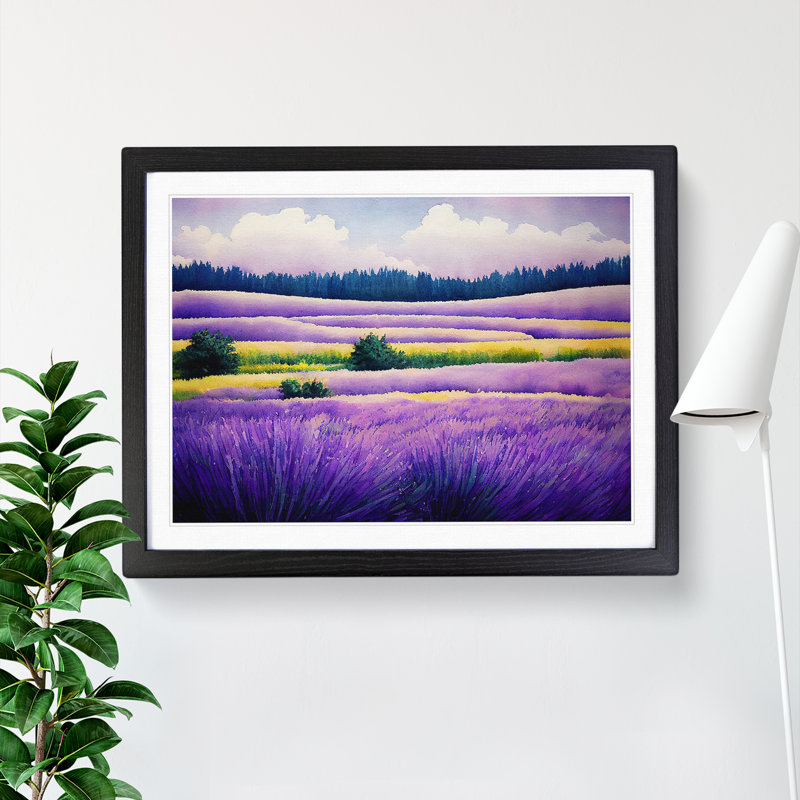 Lavender Field Watercolour Vol.6 - Single Picture Frame Rectangle Print, Black Framed, 46cm H x 64cm W x 2cm D