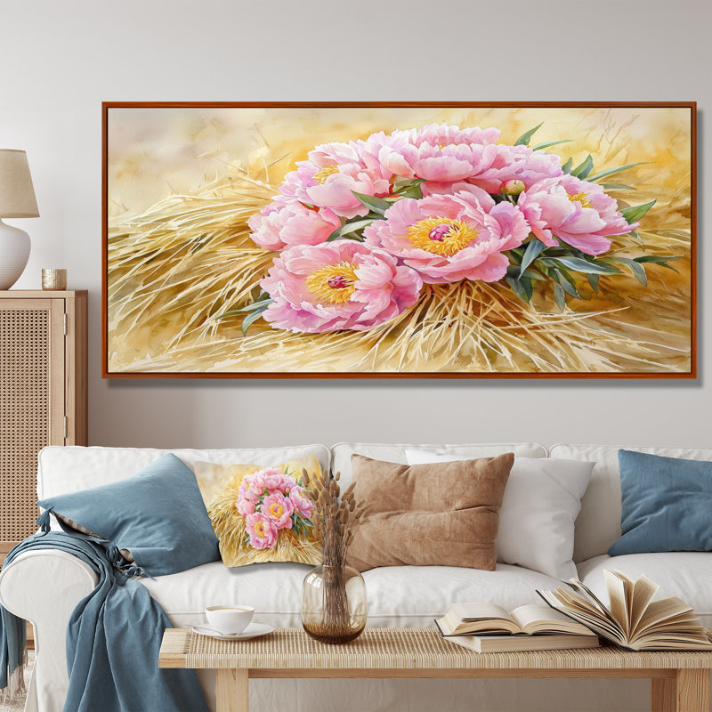 Isaiyah Farm, pivoines le long de la meule de foin II - pivoines, art mural sur toile, H 28 po x l 60 po, Brun