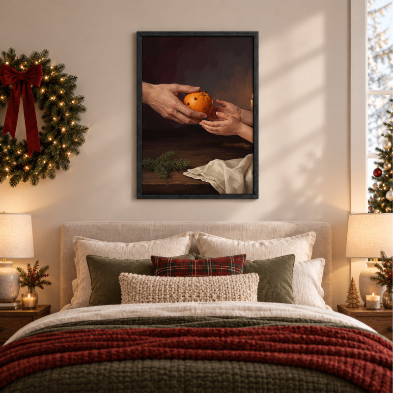 Hands Holding Studded Orange With Candlelight Christmas Canvas Wall Art, H 24 po x l 18 po